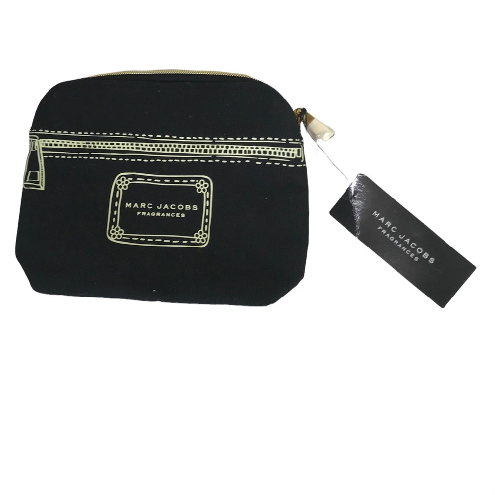 Marc Jacobs NEW Canvas Logo Cosmetic Makeup Bag Zip Top Clutch Toiletry Case Tag